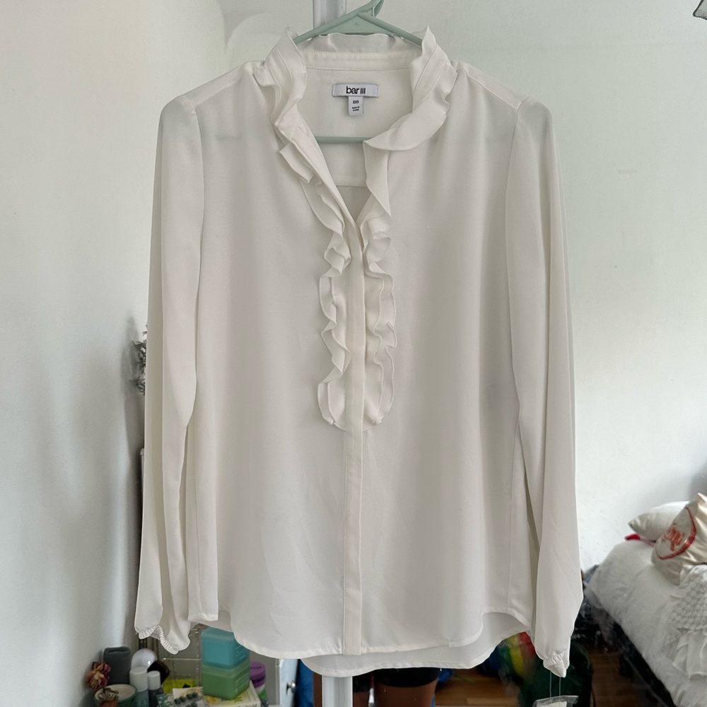 Bar III White Ruffle Button Up Blouse